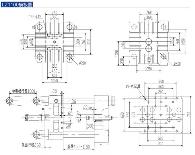 1100 Ton Cold Chamber Hydraulic Pressure Die Casting Machine Molding Plate Specification